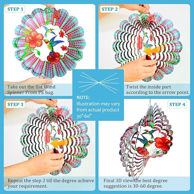 Hummingbird Wind Spinner,Hummingbird Gift for Women/Mother/Father,12In Stainless Steel 3D Wind Spinner Hanging Kinetic Yard Garden Christmas Ornaments,Outdoor & Indoor Wind Sculptures