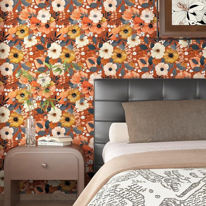 BOKEBEVE Orange Wallpaper Peel and Stick Retro Floral Contact Paper Self - Image 2