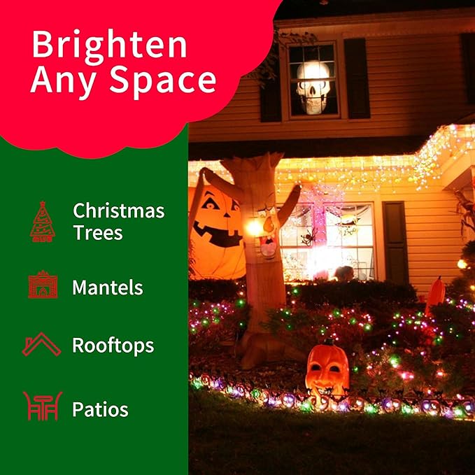 Ultra-Bright Connects End to End Orange Purple and Green Christmas Mini Lights 100L 19.6Ft UL Listed Incandescent Bulb String Light Set for Indoor Outdoor Halloween Home Garden Tree Decor
