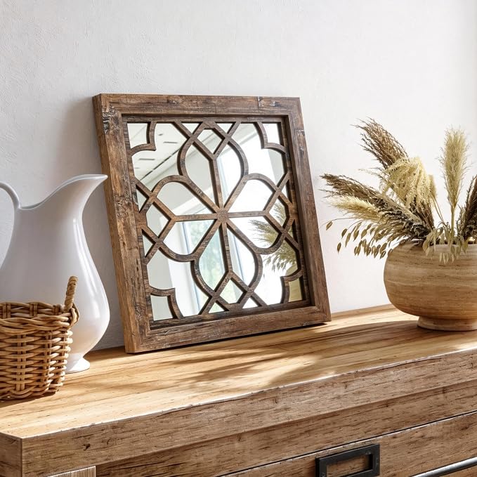Set of 4 14 Inch Square Redbrown Window Pane Wall Mirrors, Shatterproof Rustic - Image 3