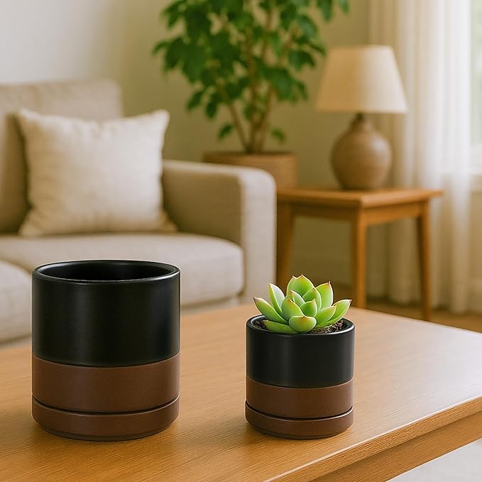 D'vine Dev 3.5 Inch & 4.7 Inch Ceramic Planter Pots for Plants with Drainage Hole and Saucer, X-Small Plant Pots Set, Black/Speckled Tan, 94-G-XS-7