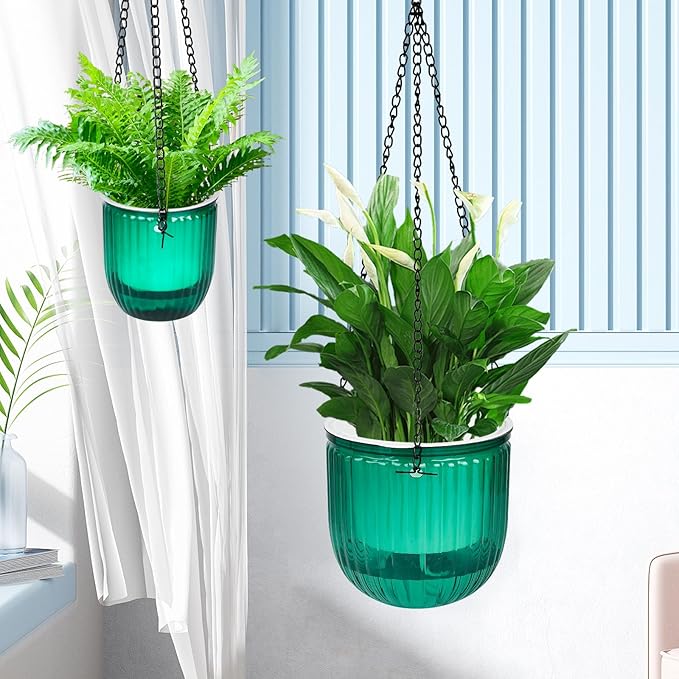 4Pcs Self Watering Hanging Planters, 6.5'' 4.5'' Hanging Flower Pots, Plastic Hanging Plant Basket with Drainage Holes, Visible Hanging Planters for Indoor Plants Garden Home(Emerald)