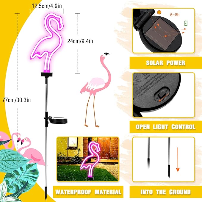 Hortsun Flamingo Solar Lights Outdoor Neon Light Yard Pink Flamingo Waterproof Decorations for Garden Patio Yard Pathway Decoration(2 Pack)