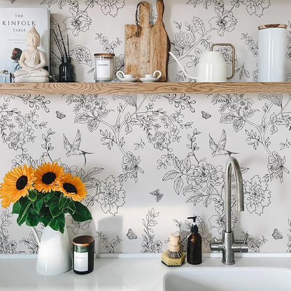 Froluya Black and Cream White Floral Wallpaper Peel and Stick Wallpaper - Image 6