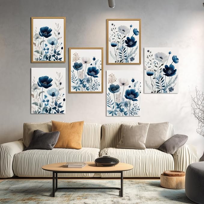 LLEEMPI Framed Navy Blue Floral Wall Art Set of 3, Modern Wildflower Wall Decor - Image 6