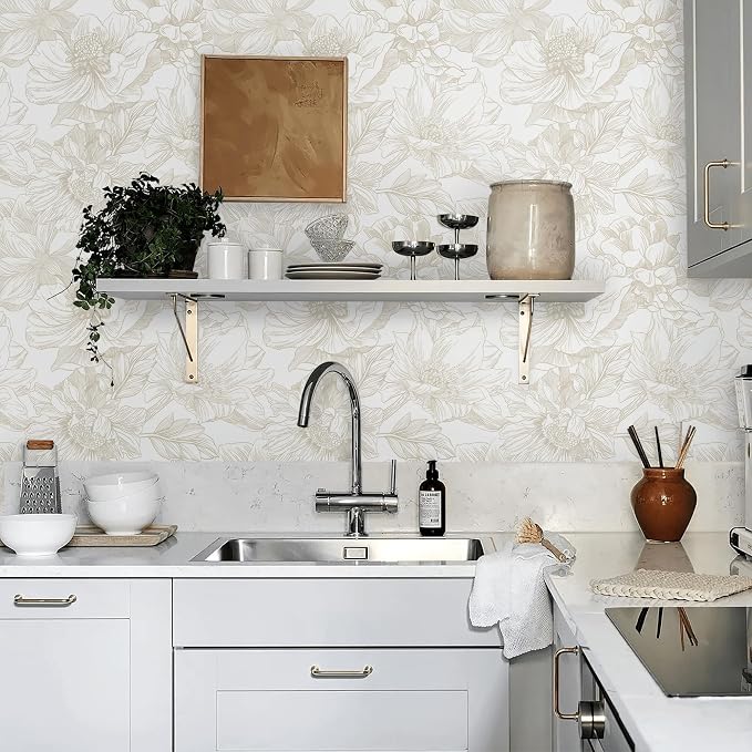 Ismoon Large Floral Peel and Stick Wallpaper Boho Beige Contact Paper - Image 8
