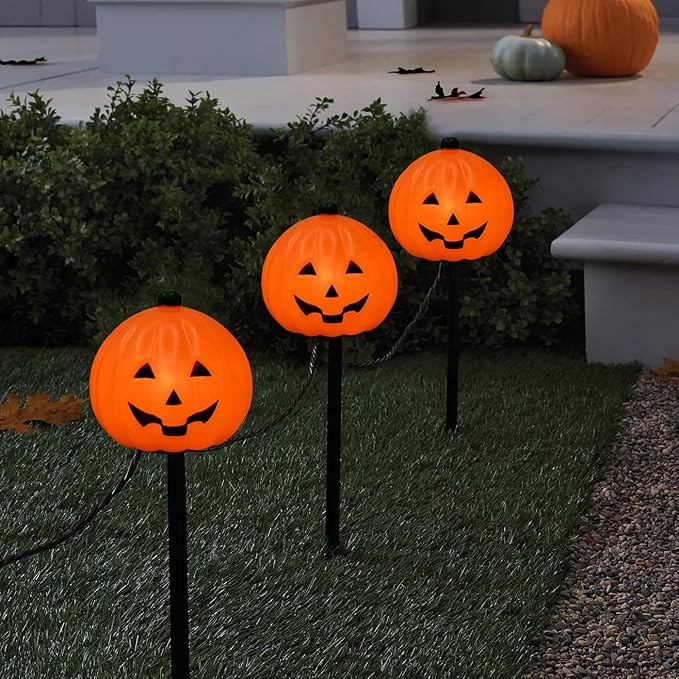 Halloween Pumpkin Pathway Markers Lights Outdoor, 7Ft Connectable C7 Halloween Decorations Pathway String Lights with 4 Pumpkin Stakes Lights for Outdoor Garden Walkway Yard Driveway Lawn Party Decor