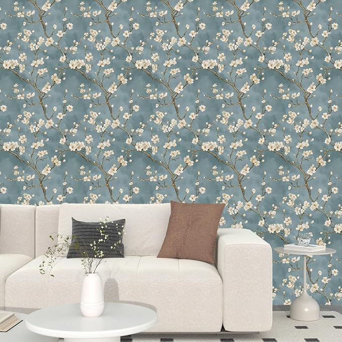 Blue Floral Wallpaper Peel and Stick Vintage White Flowers Contact Paper Vinyl - Image 8
