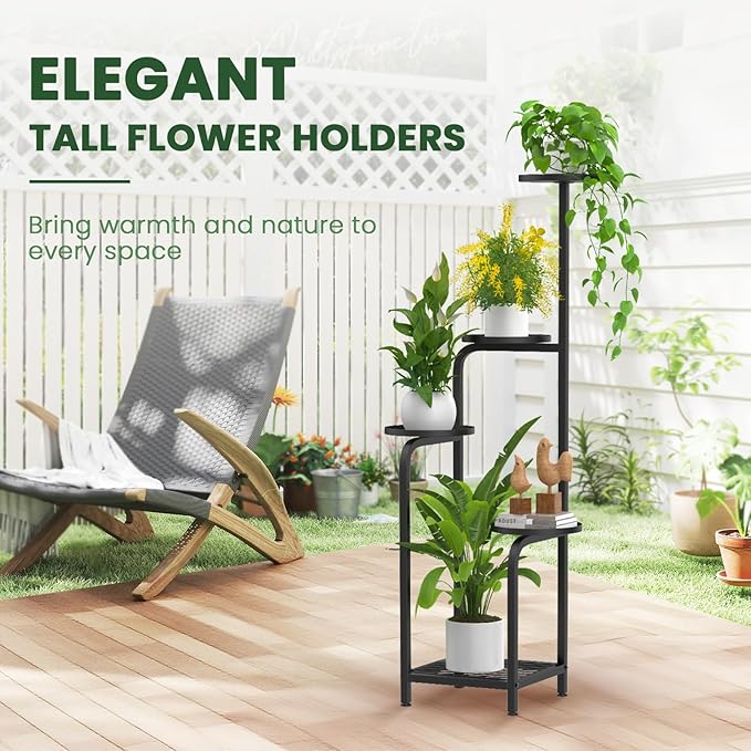 TOSKING 5 Tier Tall Plant Stand Indoor Outdoor, Heavy Duty Corner Shelf for Plants & Decor, Space Saving 3.9FT Metal Flower Pot Stand for Balcony, Garden, Living Room, Patio (Black, 47in)