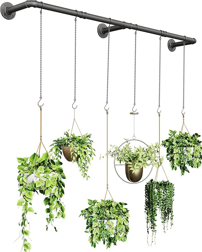 Plant Hanger Indoor, Hanging Planters Rod for Indoor Plants with 6 Hanging Chains, Wall Plant Hanging Rod for Window Ceiling, 65.7 Inch, Metal/Black, Pots Not Included…