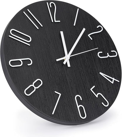 Wall Clock 12 Inch Silent Non-Ticking Imitation Wood Indoor Clock Round Black - Image 2