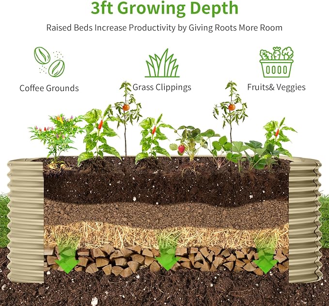 Land Guard 6x3x3ft Oval Galvanized Raised Garden Beds, Large-Capacity Metal Planter Box Outdoor, Durable Deep Raised Garden Bed 3ft Tall, Raised Beds for Gardening Vegetables, Cream Yellow