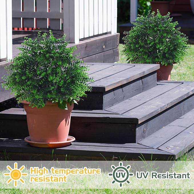 Yunlly 4 Pcs 18 Inch Artificial Boxwood Ball Topiary Tree Fake Outdoor Plants Bush, UV Resistance Faux Shrubs with Spike Realistic Greenery Potted for Indoor Garden Yard Porch Patio Decor (Green)