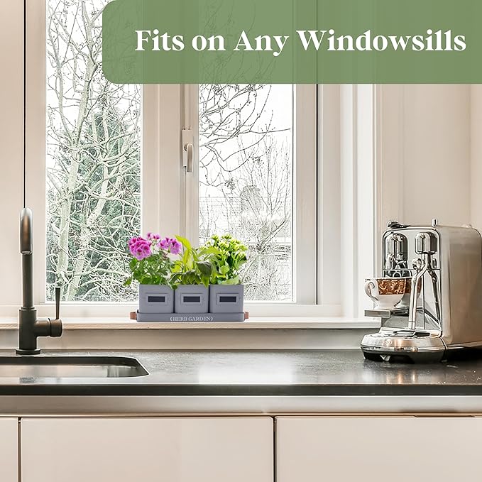 PERFNIQUE Indoor Herb Garden, Herb Garden Planter Set with Tray, Farmhouse Indoor Plant Pots, Windowsill Herb Garden with Drainage(Planter only) for Indoor/Outdoor, Window Pots(Grey)