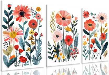 KISSFOX Framed Colorful Wildflower Canvas Wall Art Set Of 3 Flowers Pictures by KISSFOX