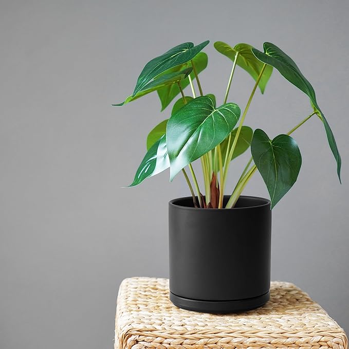 D'vine Dev 8 Inch Ceramic Planter Pot with Drainage Hole and Saucer, Indoor Cylinder Round Planter Pot, Black, 94-O-D-2
