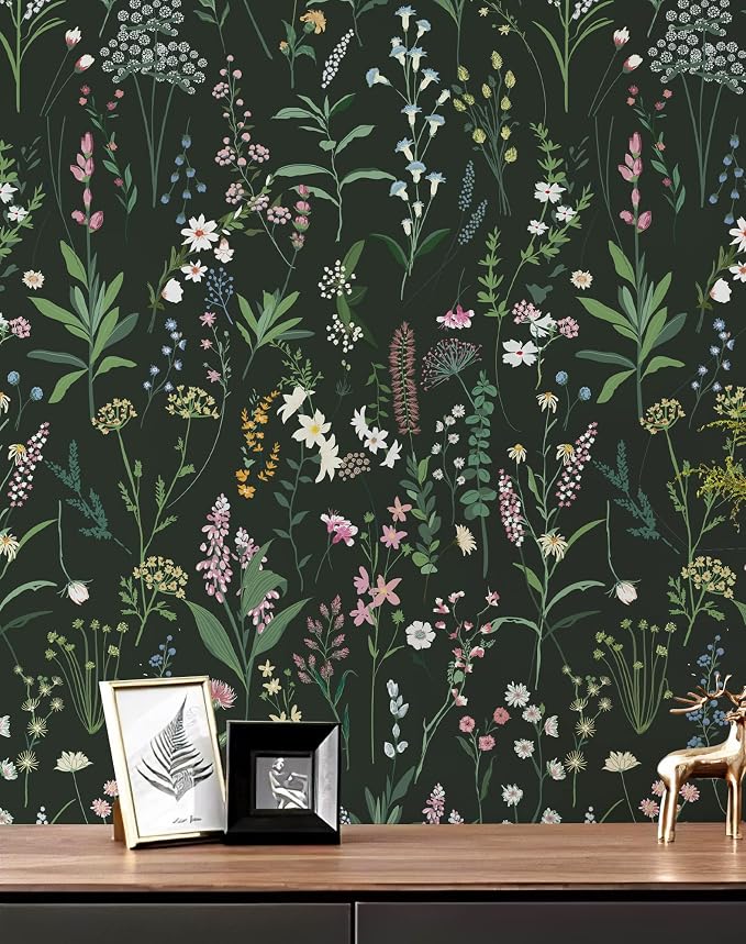 JiffDiff Floral Wallpaper Peel and Stick 17.3"x118" Dark Farm Wildwood Stick on by wallpaper