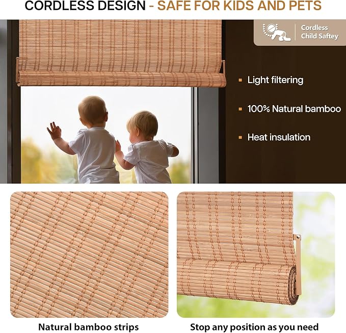 LazBlinds No Tools No Drill Bamboo Roller Shades, Custom Cordless Bamboo Blinds - Image 3
