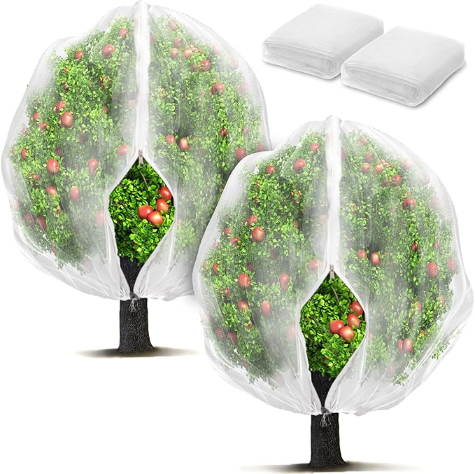 2 Pack Fruit Tree Netting Bags with Zipper and Drawstring, Ultra Fine Mesh Garden Netting Plant Cover, Bird Netting for Blueberry Bushes, Fruit Vegetable Trees, Flowers (White, 10 x 10 ft)