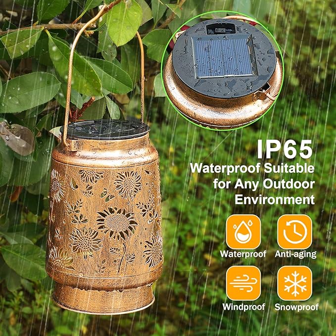 2 Pack Solar Lanterns Outdoor Garden Decor with Shepherd Hook, Gardening Gifts for Mom Grandma Women Sunflower Metal Decor Lantern Waterproof Solar Lights LED Decorative for Garden Yard Patio