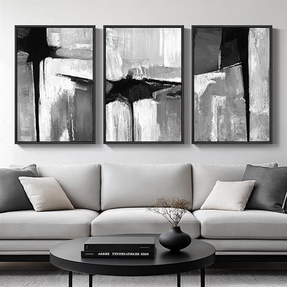 Large Framed Black and White Gray Abstract Wall Art by Cuspin