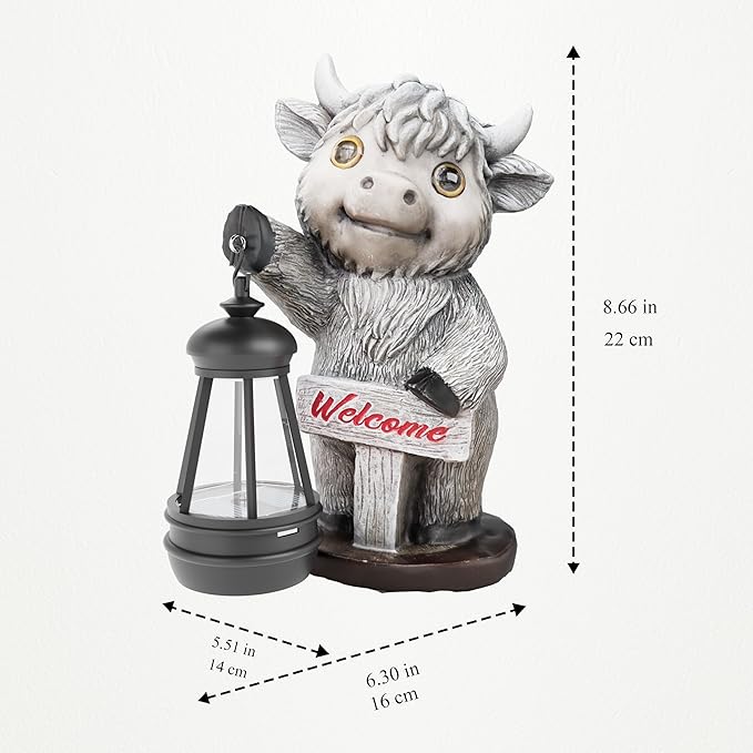 Highland Cow Statues with Solar Lights, Highland Cow Resin Figurine Lights, Highland Cow Ornaments for Patio, Balcony, Indoor Decoration and as Gifts