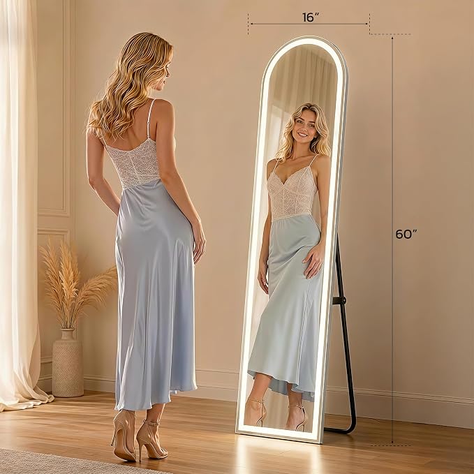 Arched Full Length Mirror with LED Lights, Body Floor Mirrors with Dimming & 3 - Image 6