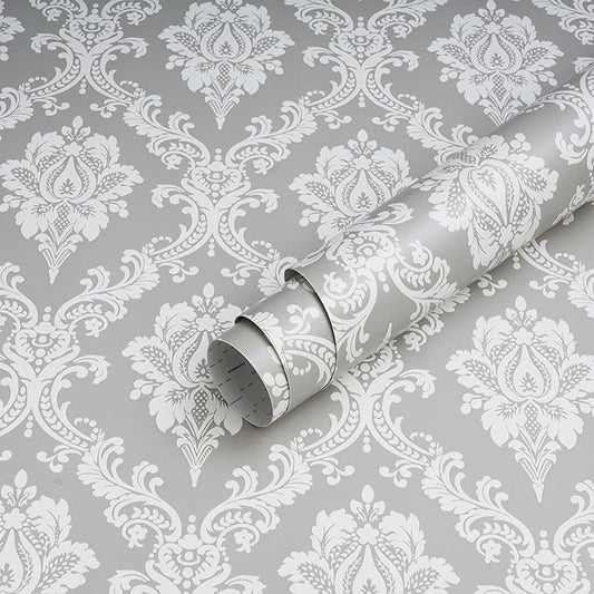 Peel and Stick Wallpaper Grey and White Damask Wallpaper by Micpolo