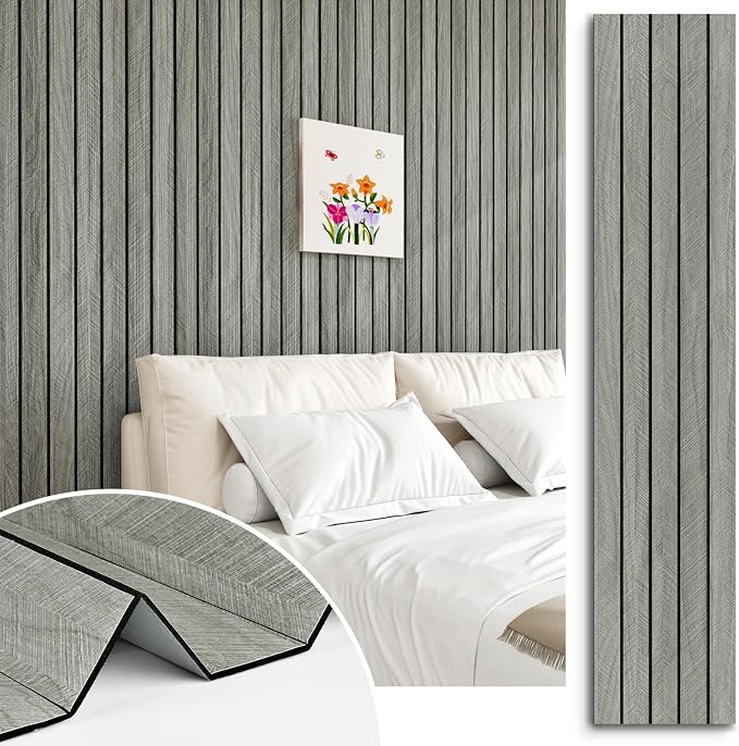 Grey Wood Wall Panels Textured Wood Slats 3D Soundproof Wall Panels Peel and by STICKEEP