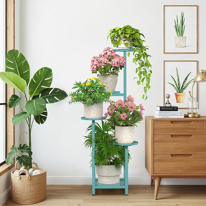 TOSKING 5 Tier Tall Plant Stand Indoor Outdoor, Heavy Duty Corner Shelf for Plants & Decor, Space Saving 3.9FT Metal Flower Pot Stand for Balcony, Garden, Living Room, Patio (Blue, 47in)