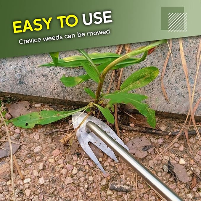 Amposei Stainless Steel Multifunctional Weeder, Hand Weeder Tool Stand Up Weed Puller Tool with Long Handle, V-Shaped Light Duty Hand Weeder for Lawn Garden Yard Farm Weed Removal (Stainless Steel)