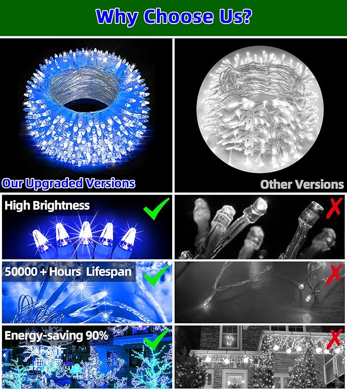 1500 LED Super Long Christmas String Lights, 492FT, Blue, Indoor/Outdoor, LED, Waterproof, Christmas, Holidays