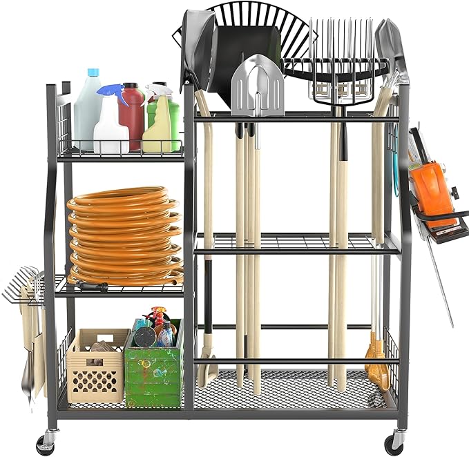 TORACK Garden Tool Organizer with Wheels, Rakes Shovels Yard Tools Stand for Garage, Shed, Garden, Indoor/Outdoor Long-Handled Tools Cart