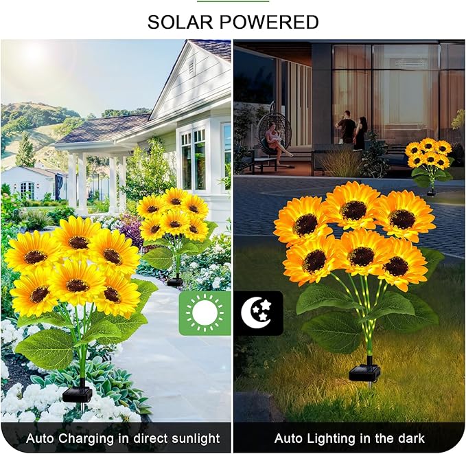 2 Pack with 12 Solar Sunflower Garden Lights Warm White LED Outdoor Decorative Stake Lights for Yard, Patio, Lawn, Pathway, IP65 Waterproof, Ideal Gift for Women, Mom, Grandma, Friends
