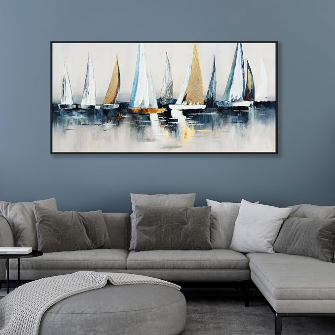 Abstract Wall Art Blue and White Sailboat Wall Paintings Framed Artwork - Image 5