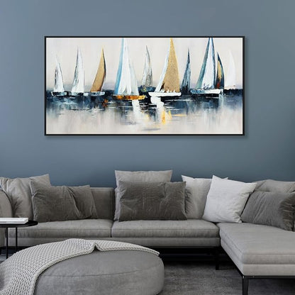Abstract Wall Art Blue and White Sailboat Wall Paintings Framed Artwork - Image 5