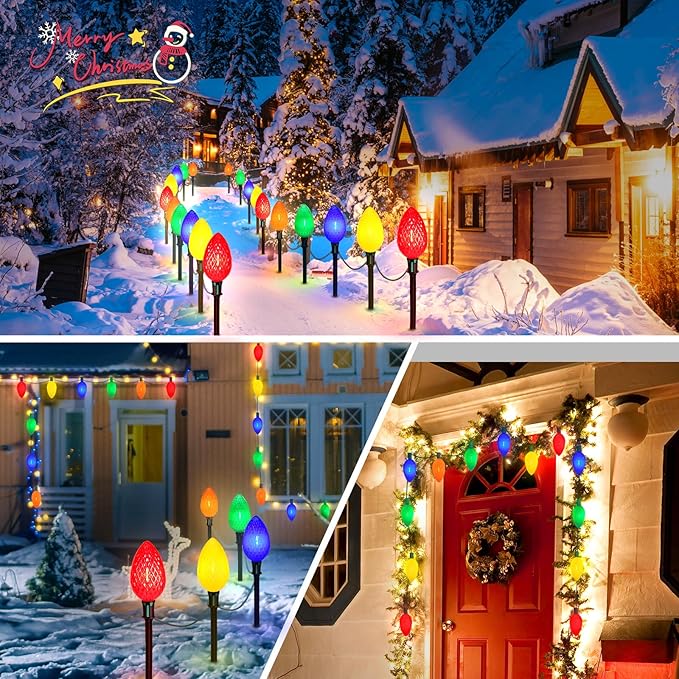 2 Packs Outdoor Christmas Decorations, Jumbo C9 Christmas Pathway Lights or Xmas String Lights, 8.5 Feet 5 LED Multicolored Large Bulbs, Waterproof Marker Lights for Yard Holiday Lawn Walkway Garden