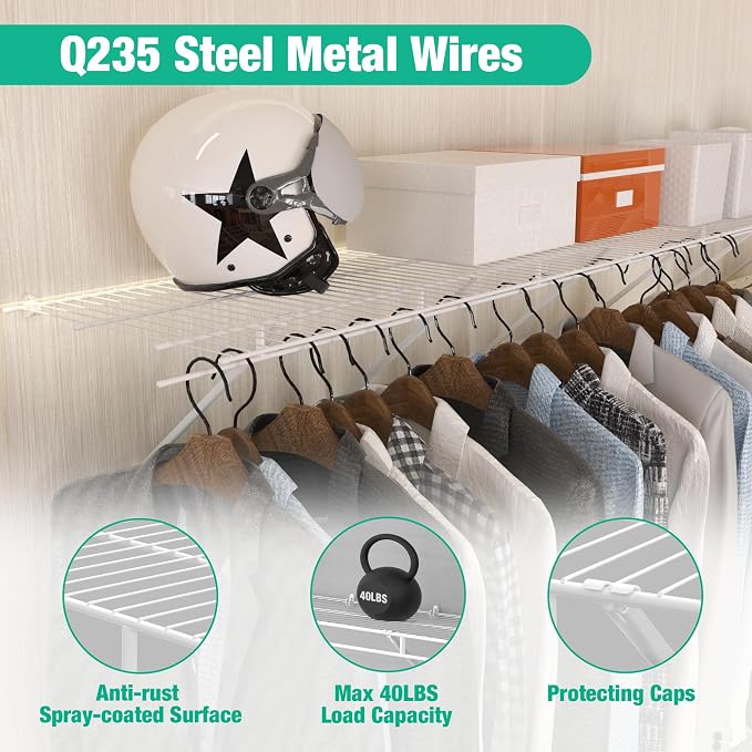 HAUSHOF Closet Shelves Wall Mounted 2-Pack, 4ft x 16in White Metal Wire Shelving - Image 4