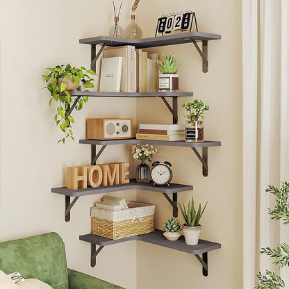 Fixwal Corner Floating Shelves Set of 5, Rustic Wood Wall Mounted Corner Shelf - Image 5