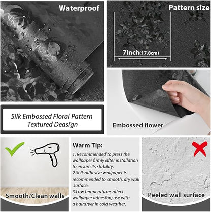 Black Peel and Stick Wallpaper Silk Embossed Floral Contact Paper - Image 4