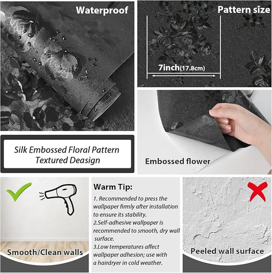 Black Peel and Stick Wallpaper Silk Embossed Floral Contact Paper - Image 2