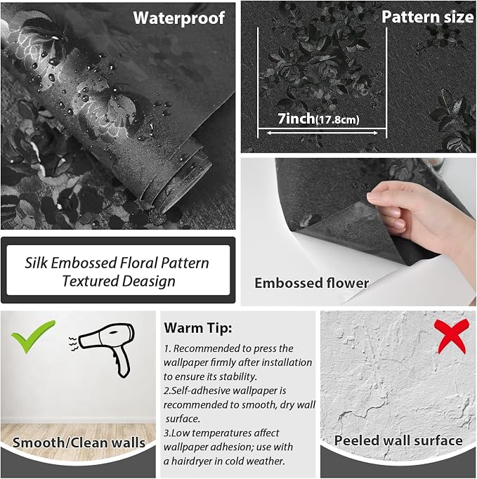 Black Peel and Stick Wallpaper 118inL 17.7inW Black Silk Embossed Floral - Image 3