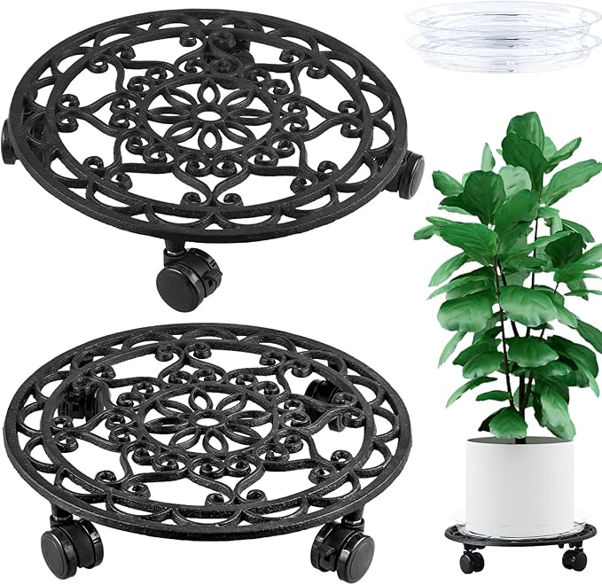 2 Packs Rolling Plant Stand with Wheels Metal Plant Caddy with Wheels Heavy Duty 13'' Round Plant Stand Indoor Iron Plants Rollers for Plants, Plant Dolly with Plant Saucers