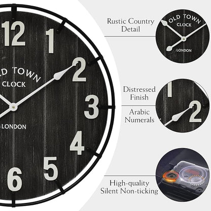 EMAX HOME Large Old Town Farmhouse Black Wall Clock 24 Inch Rustic Antique Wood - Image 5