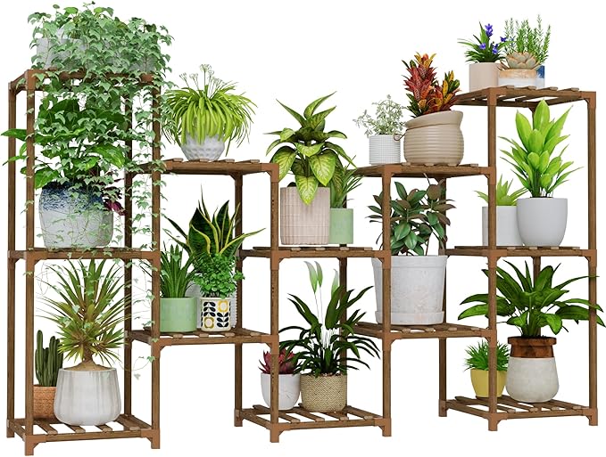 Bamworld Large Plant Shelf Outdoor Wood Plant Stand Large Rack for Living Room Patio, Balcony and Garden