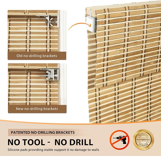 LazBlinds No Tools No Drill Cordless Bamboo Roman Shades, Custom Light - Image 3