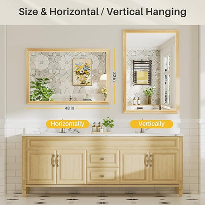 48x32 Inch Bathroom Mirror for Wall, Anti-Rust Oak Wood Grain Metal Framed - Image 7