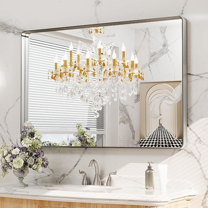 LOAAO 48X32 Inch Brushed Nickel Bathroom Mirror, Rounded Rectangle Silver Metal by LOAAO