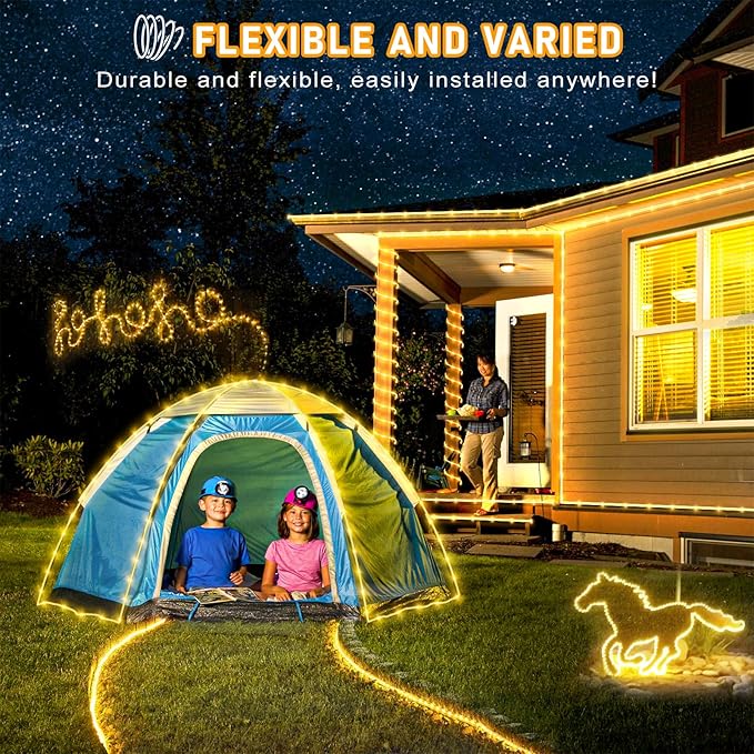 Rope Lights for Outside, 66FT 200 LED Rope Lights Outdoor/Indoor with Waterproof 8 Modes, Connectable Plug in Christmas Tree Light for Bedroom Pool Garden Party Holiday Decorations, Warm White