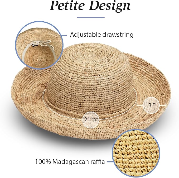 Wallaroo Hat Company – Women’s Petite Catalina Sun Hat – Wide Brim, Natural Fiber, Adjustable Sizing for Smaller Crown Sizes